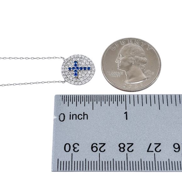 Blue Cubic Zirconia Cross Necklace | Vintage Sterling Silver 925 16”-18” - Picture 2 of 9